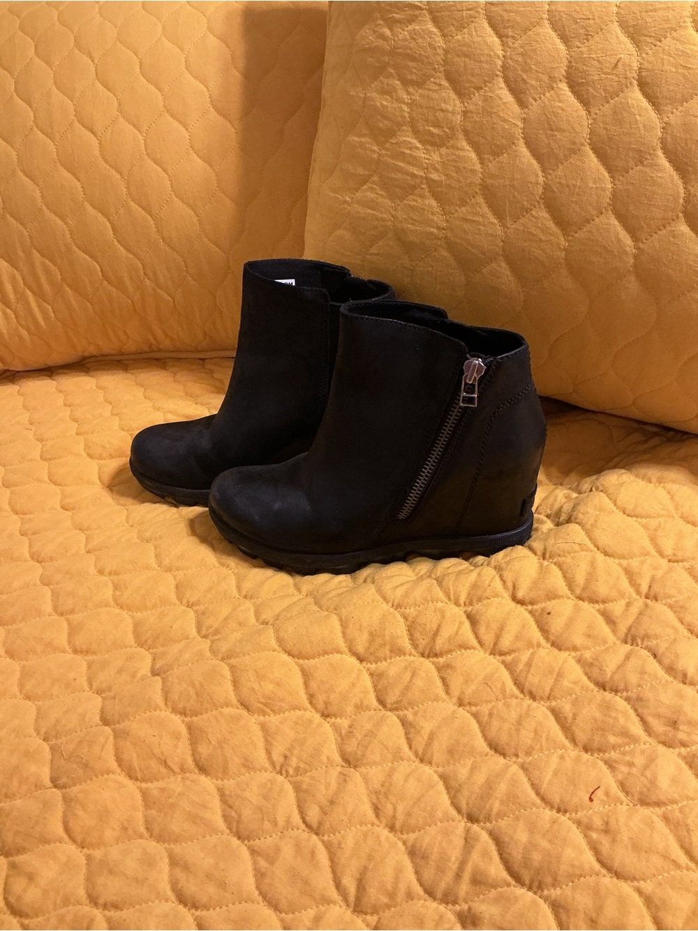 Sorel Black Suede Wedge Ankle Booties with Side Zip